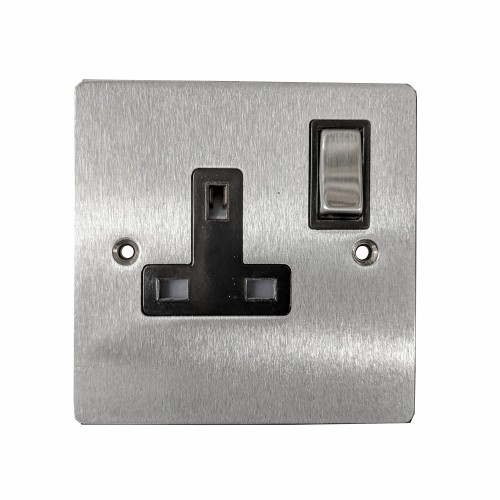 1 Gang 13A Switched Single Socket in Satin Chrome Plate and Switch with Black Plastic Trim, Elite Flat Plate