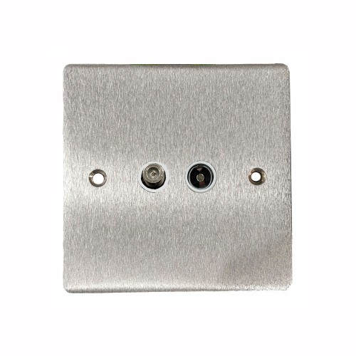 Satellite/TV Socket Outlet in Satin Chrome Flat Plate with White Plastic Trim, Elite Flat Plate