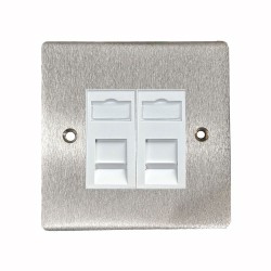2 Gang RJ45 Data Socket Outlet in Satin Chrome Flat Plate with White Plastic Trim, Elite Flat Plate