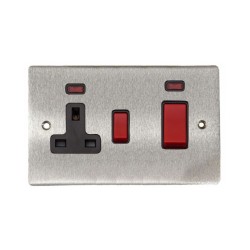 45A Cooker Unit with 13A Switched Socket and Neon Indicators in Satin Chrome with Black Trim, Elite Flat Plate