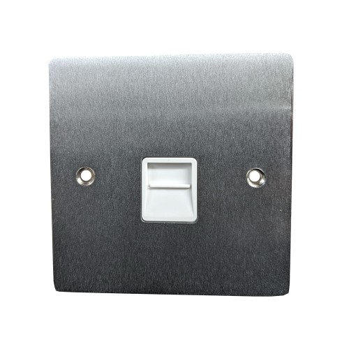1 Gang Master Line Telephone Socket in Satin Chrome Flat Plate with White Trim, Elite Flat Plate