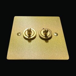 2 Gang Intermediate 20A Toggle Switch in Satin Brass Flat Plate and Toggle, Elite Flat Plate