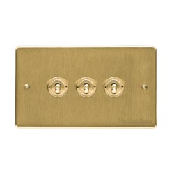 3 Gang 2 Way 20A Triple Dolly Switch in Satin Brass Flat Plate and Toggle, Elite Flat Plate