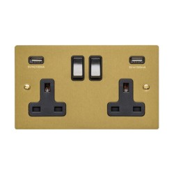 2 Gang 13A Socket with 2 USB-A Sockets Satin Brass Elite Flat Plate and Rocker with Black Plastic Insert