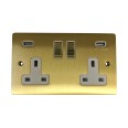 2 Gang 13A Socket with 2 USB Sockets Satin Brass Elite Flat Plate and Rocker with White Plastic Insert