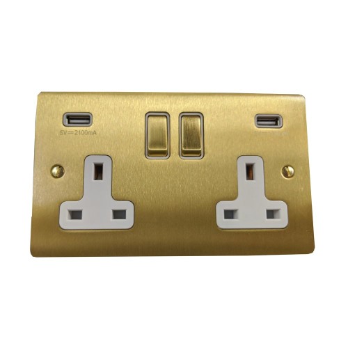2 Gang 13A Socket with 2 USB Sockets Satin Brass Elite Flat Plate and Rocker with White Plastic Insert
