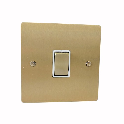 1 Gang 2 Way 10A Rocker Switch in Satin Brass Plate and Switch with White Plastic Trim, Elite Flat Plate