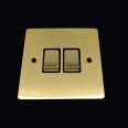 2 Gang 2 Way 10A Rocker Switch in Satin Brass Plate and Switch with Black Plastic Trim, Elite Flat Plate