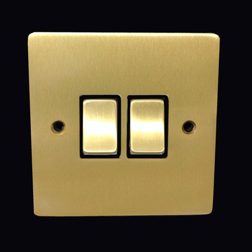 2 Gang 2 Way 10A Rocker Switch in Satin Brass Plate and Switch with Black Plastic Trim, Elite Flat Plate