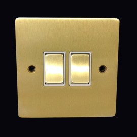 2 Gang 2 Way 10A Rocker Switch in Satin Brass Plate and Switch with White Plastic Trim, Elite Flat Plate