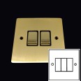 3 Gang 2 Way 10A Rocker Switch in Satin Brass Plate and Switch with Black Plastic Trim, Elite Flat Plate