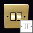 3 Gang 2 Way 10A Rocker Switch in Satin Brass Plate and Switch with Black Plastic Trim, Elite Flat Plate