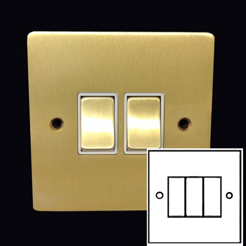 3 Gang 2 Way 10A Rocker Switch in Satin Brass Plate and Switch with White Plastic Trim, Elite Flat Plate