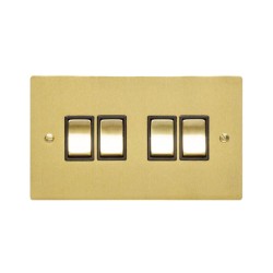 4 Gang 2 Way 10A Rocker Switch in Satin Brass Plate and Switch with Black Plastic Trim, Elite Flat Plate
