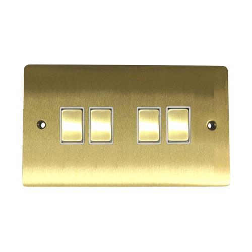 4 Gang 2 Way 10A Rocker Switch in Satin Brass Plate and Switch with White Plastic Trim, Elite Flat Plate