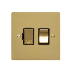 13A Switched Fused Spur in Satin Brass Plate and Switch with Black Plastic Trim, Elite Flat Plate