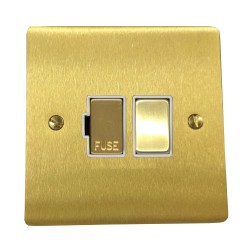 13A Switched Fused Spur in Satin Brass Plate and Switch with White Plastic Trim, Elite Flat Plate