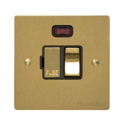 13A Switched Fused Spur with Neon in Satin Brass Plate and Switch with Black Plastic Trim, Elite Flat Plate