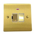 13A Switched Fused Spur with Neon in Satin Brass Plate and Switch with White Plastic Trim, Elite Flat Plate