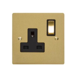 13A Switched Single Socket in Satin Brass Plate and Switch with Black Trim, Elite Flat Plate
