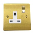 13A Switched Single Socket in Satin Brass Plate and Switch with White Trim, Elite Flat Plate