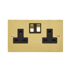 2 Gang 13A Switched Twin Socket in Satin Brass Plate and Switch with Black Plastic Trim, Elite Flat Plate
