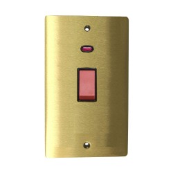 45A Red Rocker Cooker Switch with Neon (Twin Plate) in Satin Brass Flat Plate with Black Trim, Elite Flat Plate