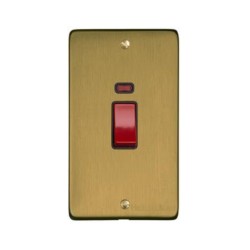 45A Red Rocker Cooker Switch with Neon (Twin Plate) in Satin Brass Flat Plate with Black Trim, Elite Flat Plate