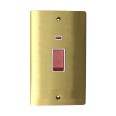 45A Red Rocker Cooker Switch with Neon (Twin Plate) in Satin Brass Flat Plate with White Trim, Elite Flat Plate