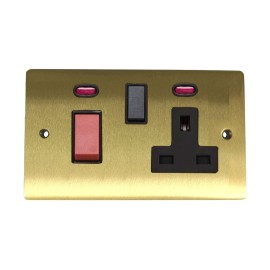 45A Cooker Unit with 13A Switched Socket and Neon Indicators in Satin Brass with Black Trim, Elite Flat Plate