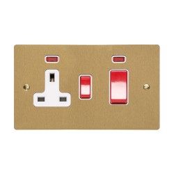 45A Cooker Unit with 13A Switched Socket and Neon Indicators in Satin Brass with White Trim, Elite Flat Plate