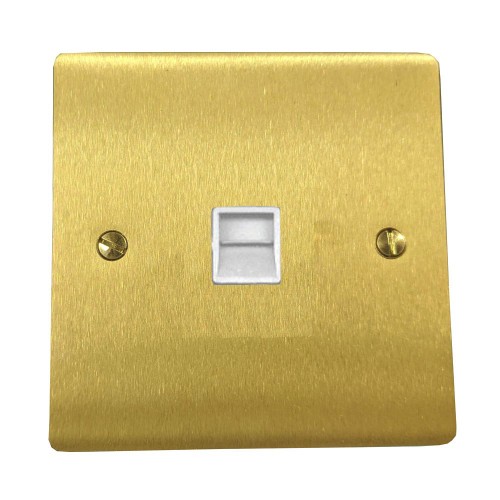 1 Gang Master Line Telephone Socket in Satin Brass Plate with White Plastic Trim, Elite Flat Plate
