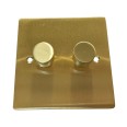2 Gang 2 Way Trailing Edge LED Dimmer 10-120W Satin Brass Plate and Knob, Elite Flat Plate