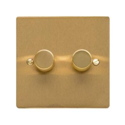 2 Gang 2 Way Trailing Edge LED Dimmer 10-120W Satin Brass Plate and Knob, Elite Flat Plate
