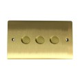 3 Gang 2 Way Trailing Edge LED Dimmer 10-120W Satin Brass Plate and Knob, Elite Flat Plate