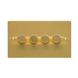 4 Gang 2 Way Trailing Edge LED Dimmer 10-120W Satin Brass Plate and Knob, Elite Flat Plate