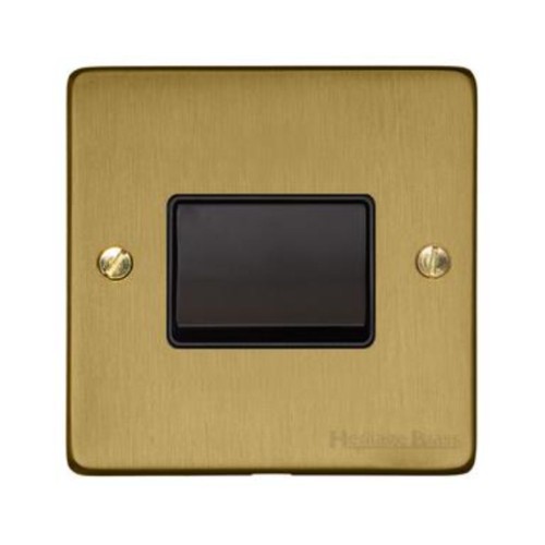 6A Triple Pole Fan Isolator Switch in Satin Brass Plate with Black Plastic Trim and Switch, Elite Flat Plate