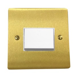 6A Triple Pole Fan Isolator Switch in Satin Brass Plate with White Plastic Trim and Switch, Elite Flat Plate