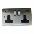 2 Gang 13A Socket with 2 USB Sockets Satin Nickel Elite Flat Plate and Rocker with Black Plastic Trim