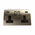 2 Gang 13A Socket with 2 USB Sockets Satin Nickel Elite Flat Plate and Rocker with Black Plastic Trim