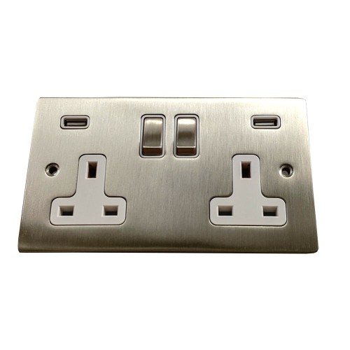 2 Gang 13A Socket with 2 USB Sockets Satin Nickel Elite Flat Plate and Rocker with White Plastic Trim