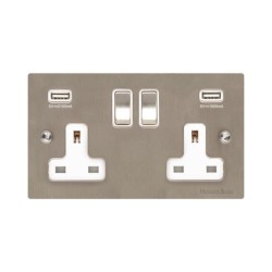 2 Gang 13A Socket with 2 USB Sockets Type A Satin Nickel Elite Flat Plate and Rocker with White Plastic Trim