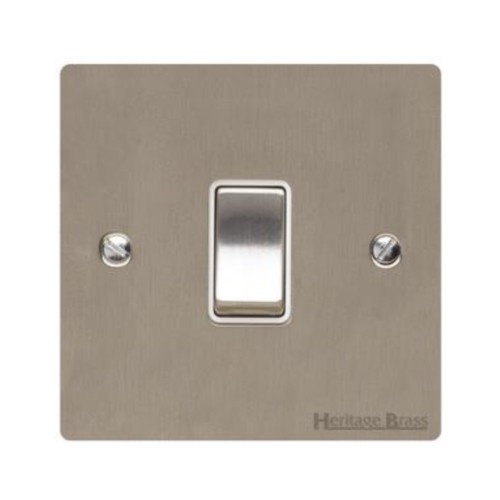 1 Gang 2 Way 10A Rocker Switch in Satin Nickel Flat Plate with White Plastic Trim, Elite Flat Plate