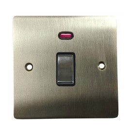 1 Gang 20A Double Pole Switch with Neon in Satin Nickel Plate and Switch with Black Trim, Elite Flat Plate