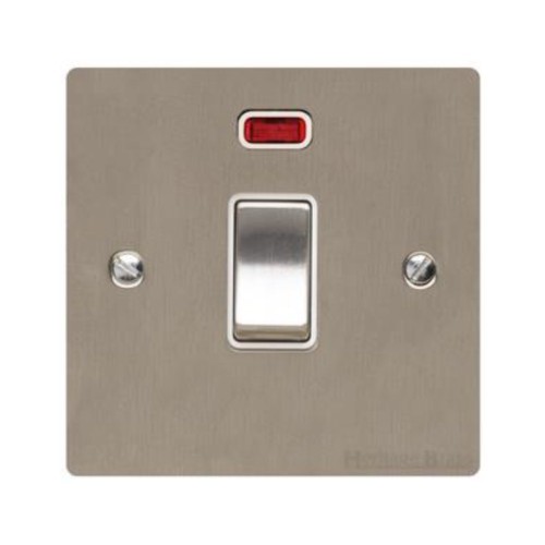 1 Gang 20A Double Pole Switch with Neon in Satin Nickel Plate and Switch with White Trim, Elite Flat Plate