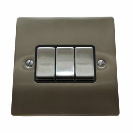 3 Gang 2 Way 6A Rocker Switch in Satin Nickel Plate and Switch with Black Trim, Elite Flat Plate