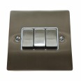 3 Gang 2 Way 10A Rocker Switch in Satin Nickel Plate and Switch with White Plastic Trim, Elite Flat Plate