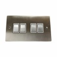 4 Gang 2 Way 10A Rocker Switch in Satin Nickel Plate and Switch with White Plastic Trim, Elite Flat Plate