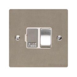 1 Gang 13A Switched Fused Spur in Satin Nickel Plate and Switch with White Plastic Trim, Elite Flat Plate