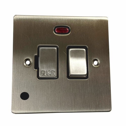 13A Switched Fused Spur with Neon and Cord in Satin Nickel Plate and Switch with Black Plastic Insert, Elite Flat Plate